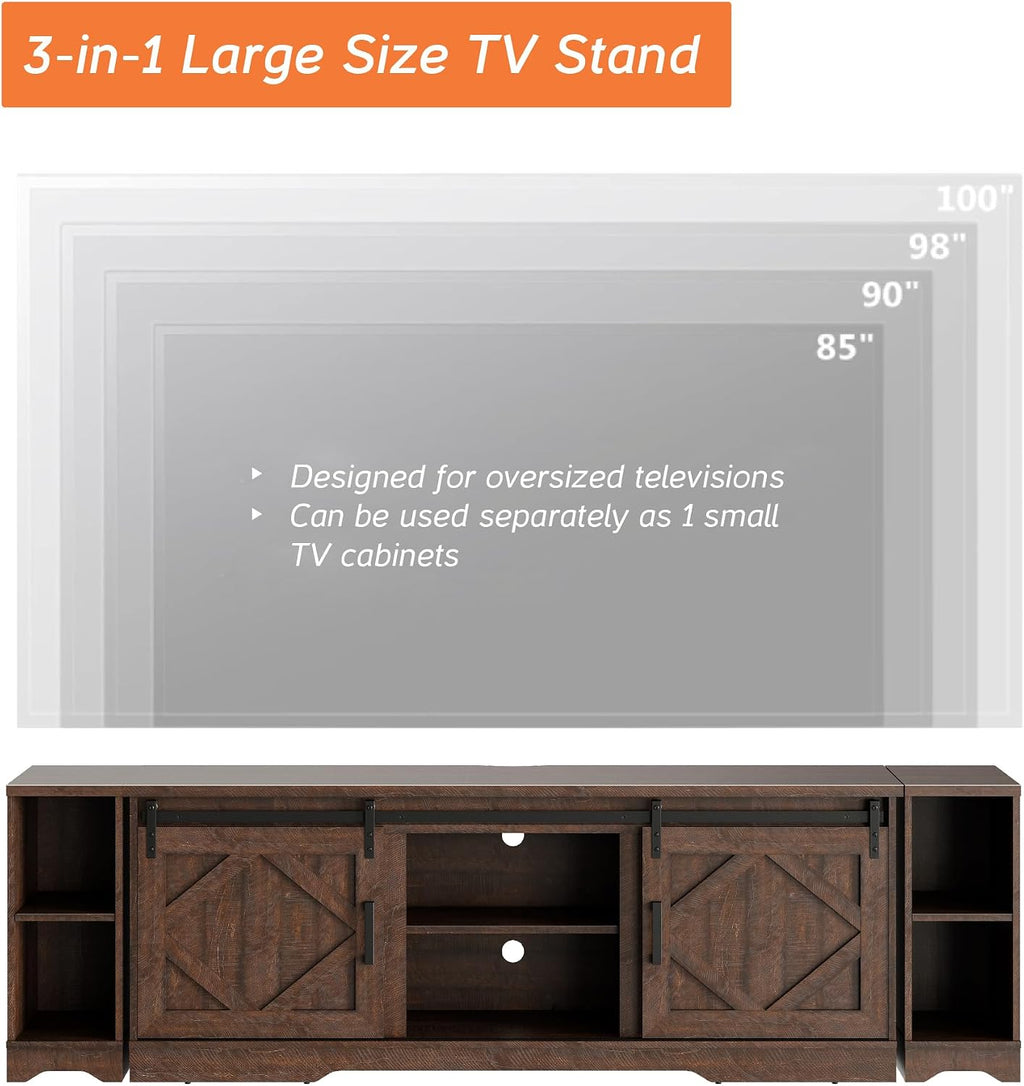 WAMPAT 3-in-1 Modern Farmhouse TV Stand for up to 95' TV, 25.6' H Wood Entertainment Center with Sliding Barn Door and Adjustable Media Storage Shelf for Living Room, Dark Walnut Brown