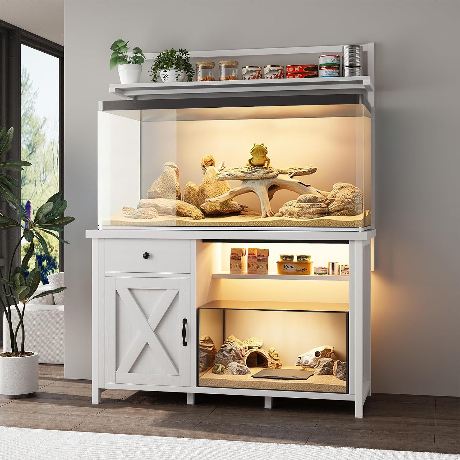 Reptile Tank Stand with Power Outlet, Terrarium Stand with Storage Cabinet, 49' X 20' Tabletop, Aquarium Stand with LED Lights, Reptile Terrarium,Turtle Tank, 1100LBS, White