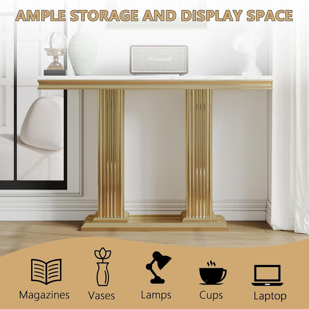 3 Pieces Living Room Table Set, Faux Marble Coffee Table Set of 3, Modern Coffee Table, Console Table and End Table with Column-Shaped Stainless Steel Base for Living Room Office White Gold