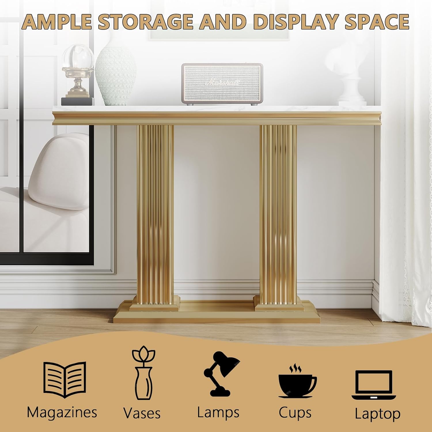 3 Pieces Living Room Table Set, Faux Marble Coffee Table Set of 3, Modern Coffee Table, Console Table and End Table with Column-Shaped Stainless Steel Base for Living Room Office White Gold