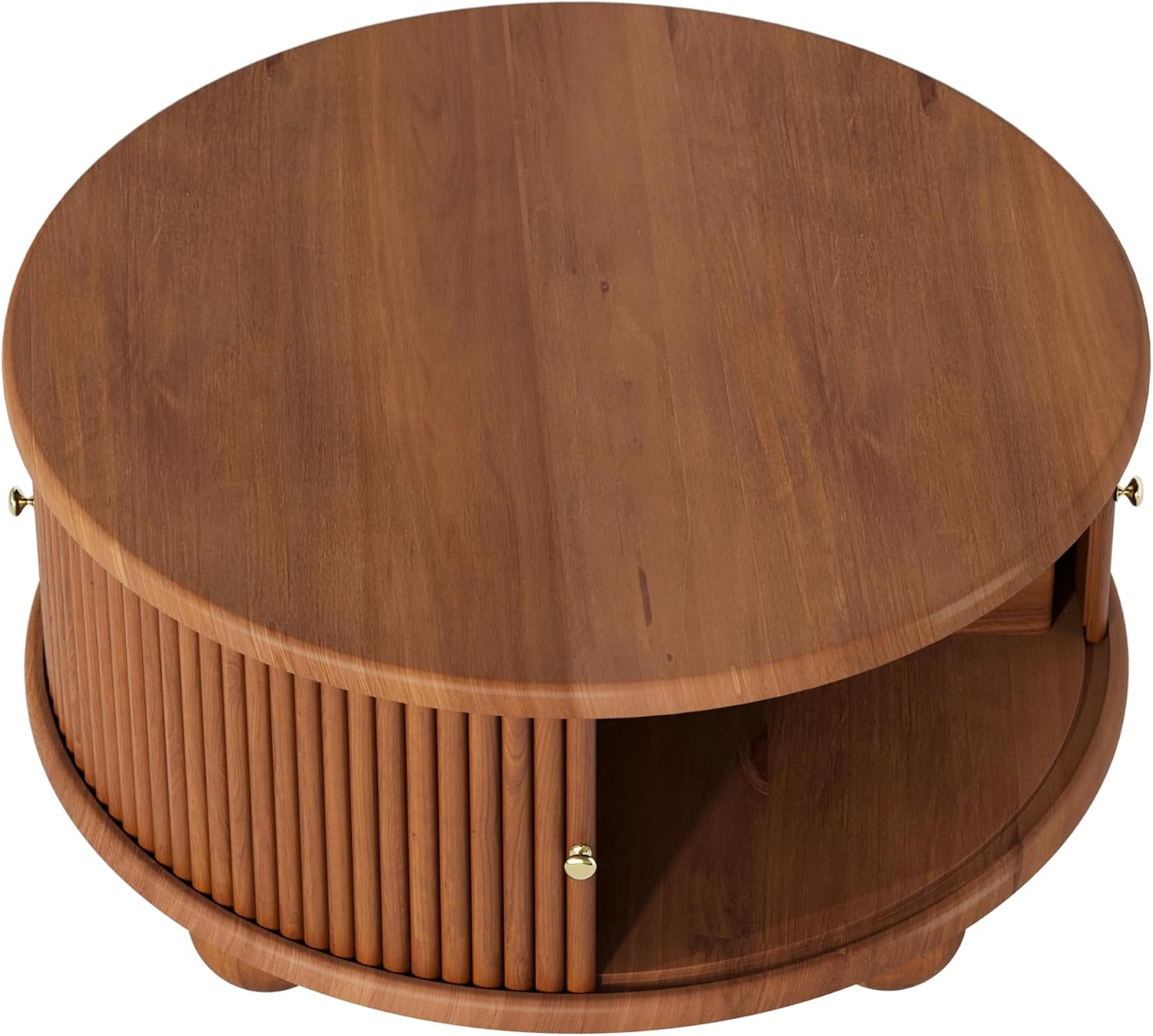31.8'' Round Coffee Table with Storage Space for Living Room, Modern Fluted Wood Circle Coffee Table, Smooth Sliding Door, Walnut
