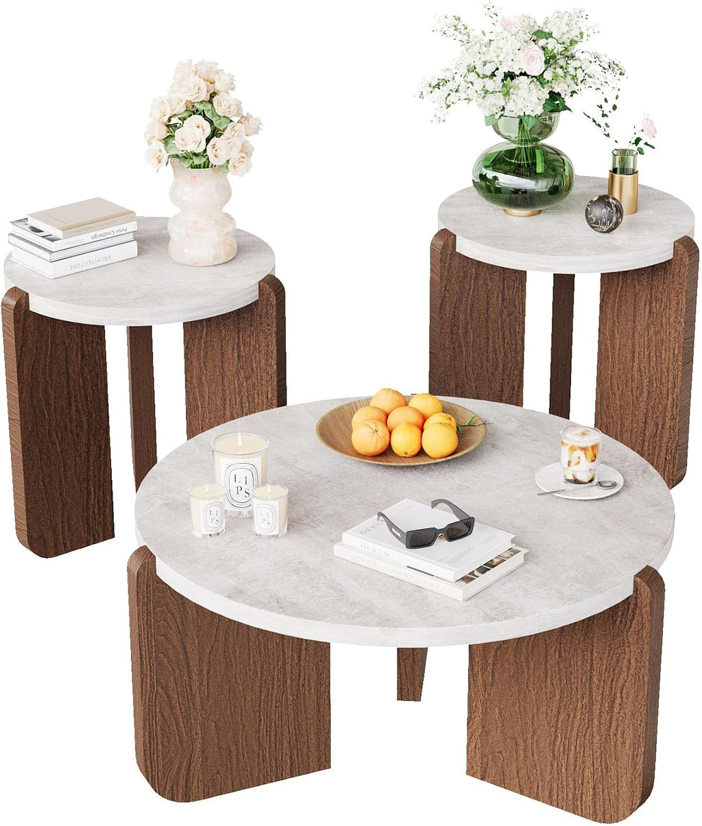 HOMPUS Coffee Table and End Table Sets, Round Faux Marble Modern 3-Piece Living Room Table Sets for Living Room, Office, Apartment, Bedroom, Easy to Assemble Living Room Furniture, Faux Marble