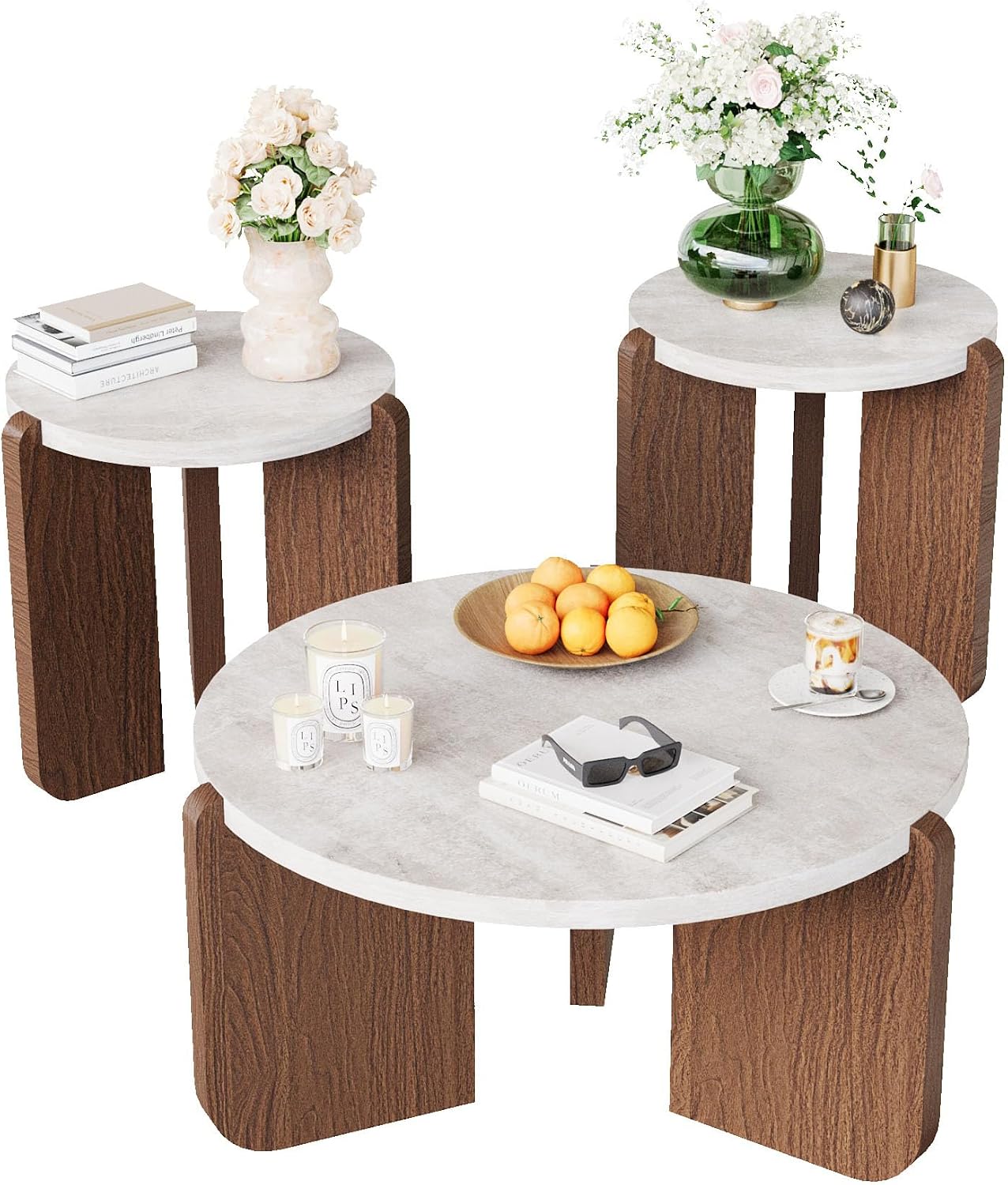 HOMPUS Coffee Table and End Table Sets, Round Faux Marble Modern 3-Piece Living Room Table Sets for Living Room, Office, Apartment, Bedroom, Easy to Assemble Living Room Furniture, Faux Marble