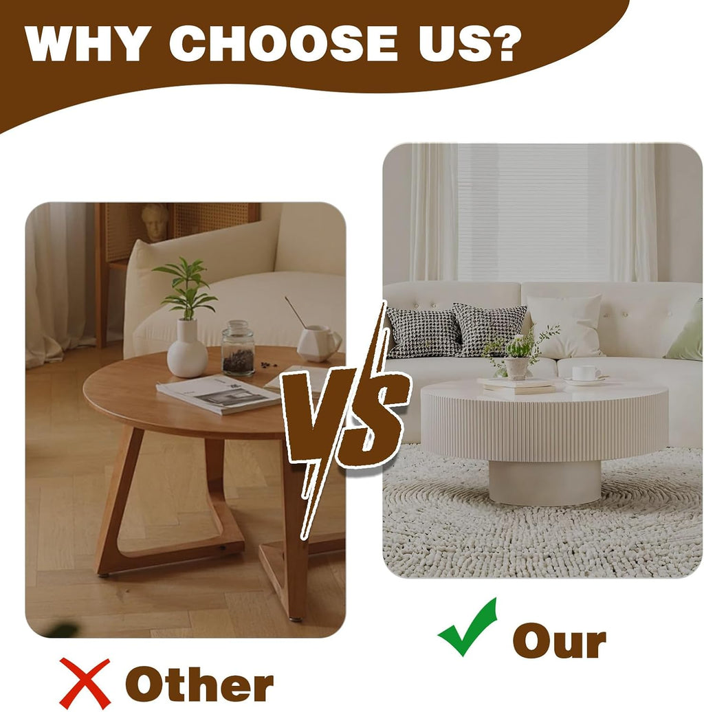 Round Drum Coffee Table White Fluted Coffee Table Circle Center Table Pedestal End Table for Apartment (Cream White)