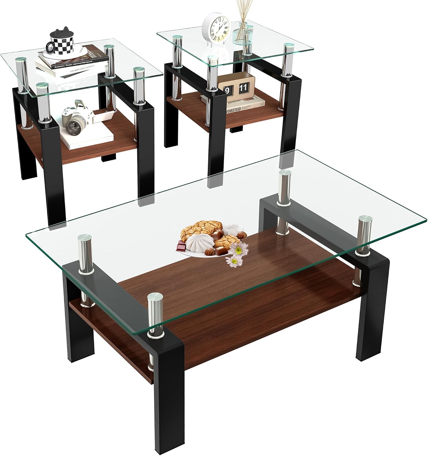 Glass Coffee Table Sets of 3 for Living Room, Mordern End Table Sofa Side Tables with Storage, Black Metal Leg, Transparent Glass Tabletop Rectangle Tempered Center Table Home Furniture Set