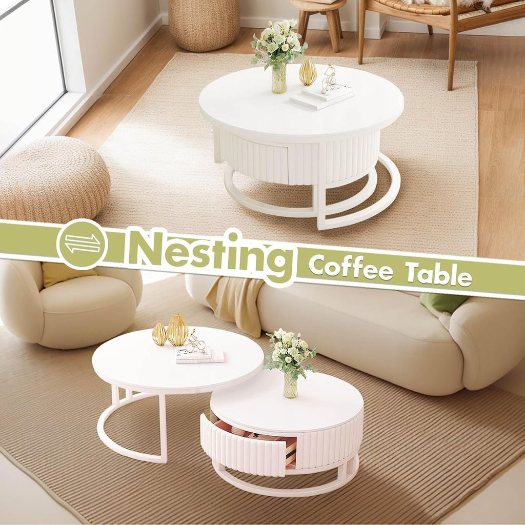 Round Nesting Coffee Table Set of 2 White Marble Coffee Table with Wood Storage Drawer Modern Circle Coffee Tables for Living Room Center Table Mid Century Coffee Table