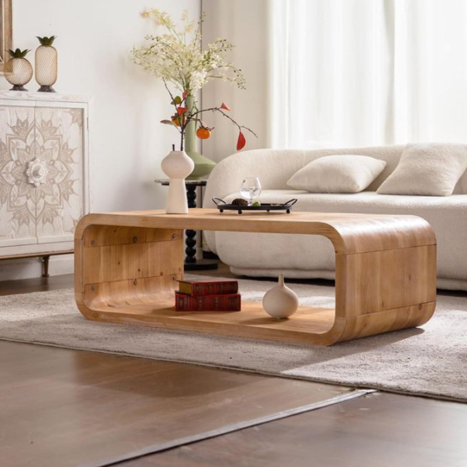 47.24' Mid-Century Modern Coffee Table with Storage Shelf, 2-Tier Curved Wooden Coffee Tables for Living Room,Modern Rectangle Center Tea Table with Rounded Corners for Apartment Bedroom Office