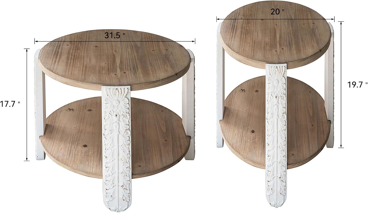 31.5'' Round Wood Coffee Table 2-Tier Circle Craft Rustic Coffee Table for Living Room, Modern Retro Farmhouse Style, Carved Leg & Easy Assembly, Brown & White