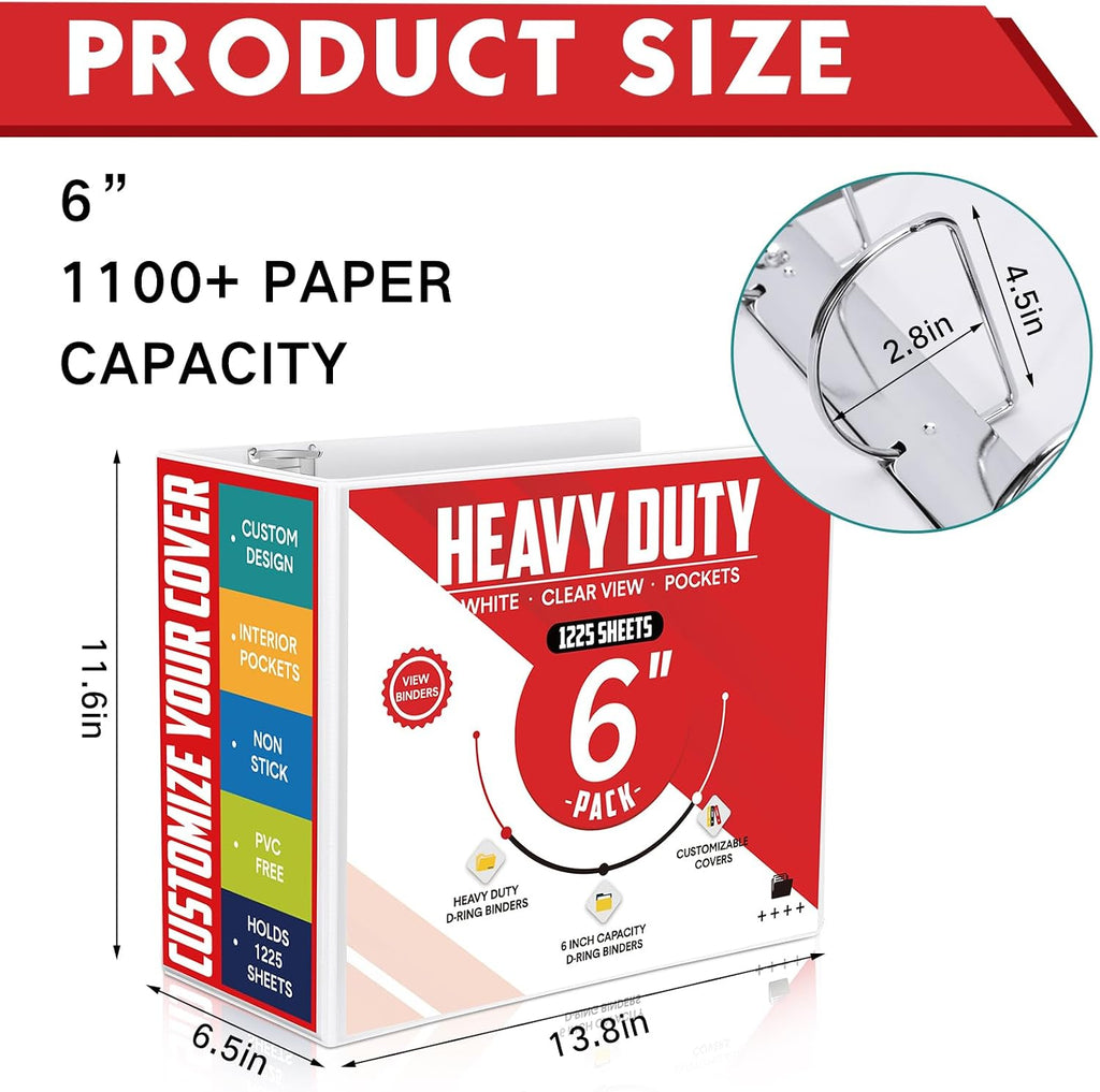 Sinload 6 Pcs 3 Ring Binder, 6 Inch Large Capacity 3 Slant D Ring Binders with Pockets, 8.5' x 11' Presentation Folder View Binder with Customizable Clear Cover for Documents Files Projects (White)