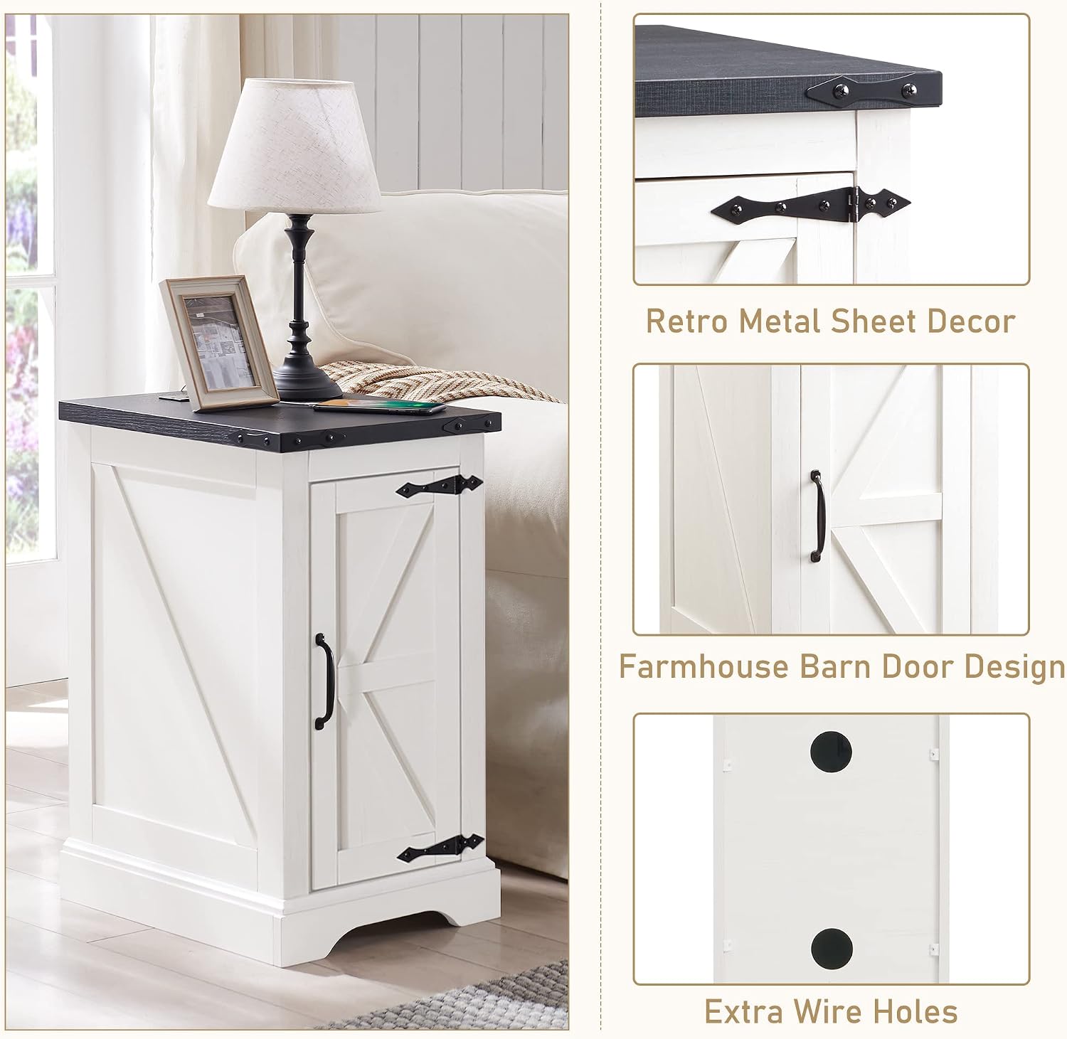 JXQTLINGMU 3-Piece Farmhouse Coffee Table and End Table Sets, Includeds 36' Lift Top Square Coffee Table w/Storage & 2 Rustic Wood End Tables w/Charging Station & Barn Doors for Living Room, White