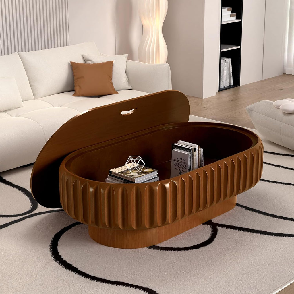 43.3' Oval Drum Coffee Table - Handcraft Solid Wood Edge Stripe Rustic Chic Fluted Tea Table with with Storage for Small Space Apartment (F 43.3in)