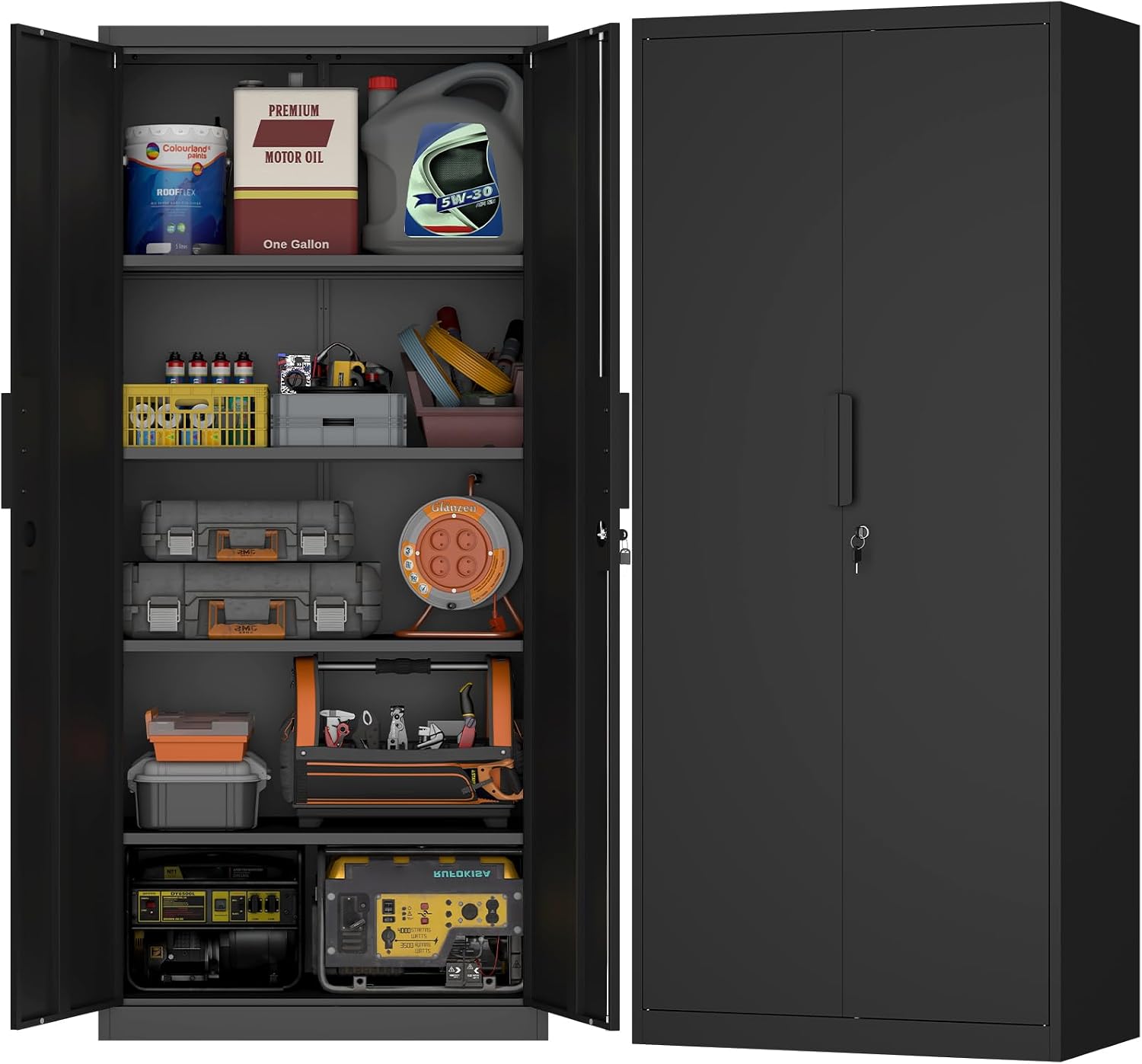 71' H Locking Cabinets, 16.5'' Deep Metal Garage Storage Cabinet with Doors and Shelves, Balck Cabinets for Garage, Kitchen, Office