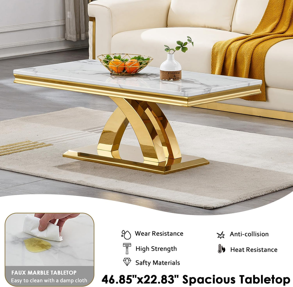 4 Pieces Living Room Table Set, Faux Marble Coffee Table Set of 4, Modern Coffee Table, Console Table and 2 End Tables with X-Shaped Stainless Steel Base for Living Room (White Gold)