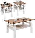 Glass Coffee Table Sets of 3 for Living Room, Mordern End Table Sofa Side Tables with Storage, White Metal Leg, Brown Glass Tabletop Rectangle Tempered Center Table Home Furniture Set