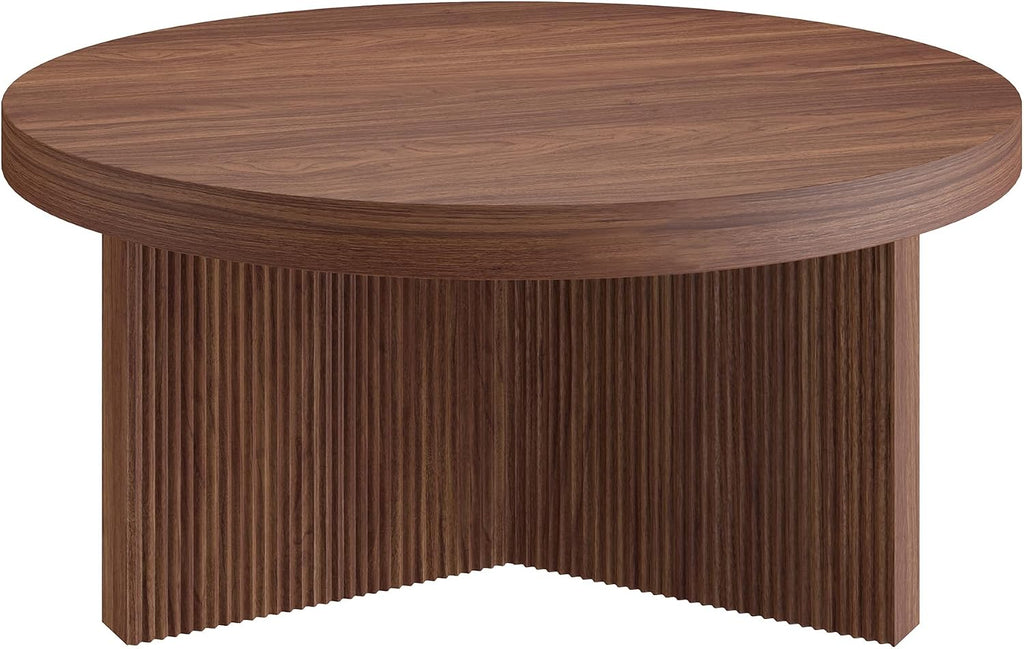 Henn&Hart 32' Fluted Round Low-Profile Coffee Table with Ribbed Pedestal Base Living Room, Family Room, Office, or Apartment, Medium Walnut