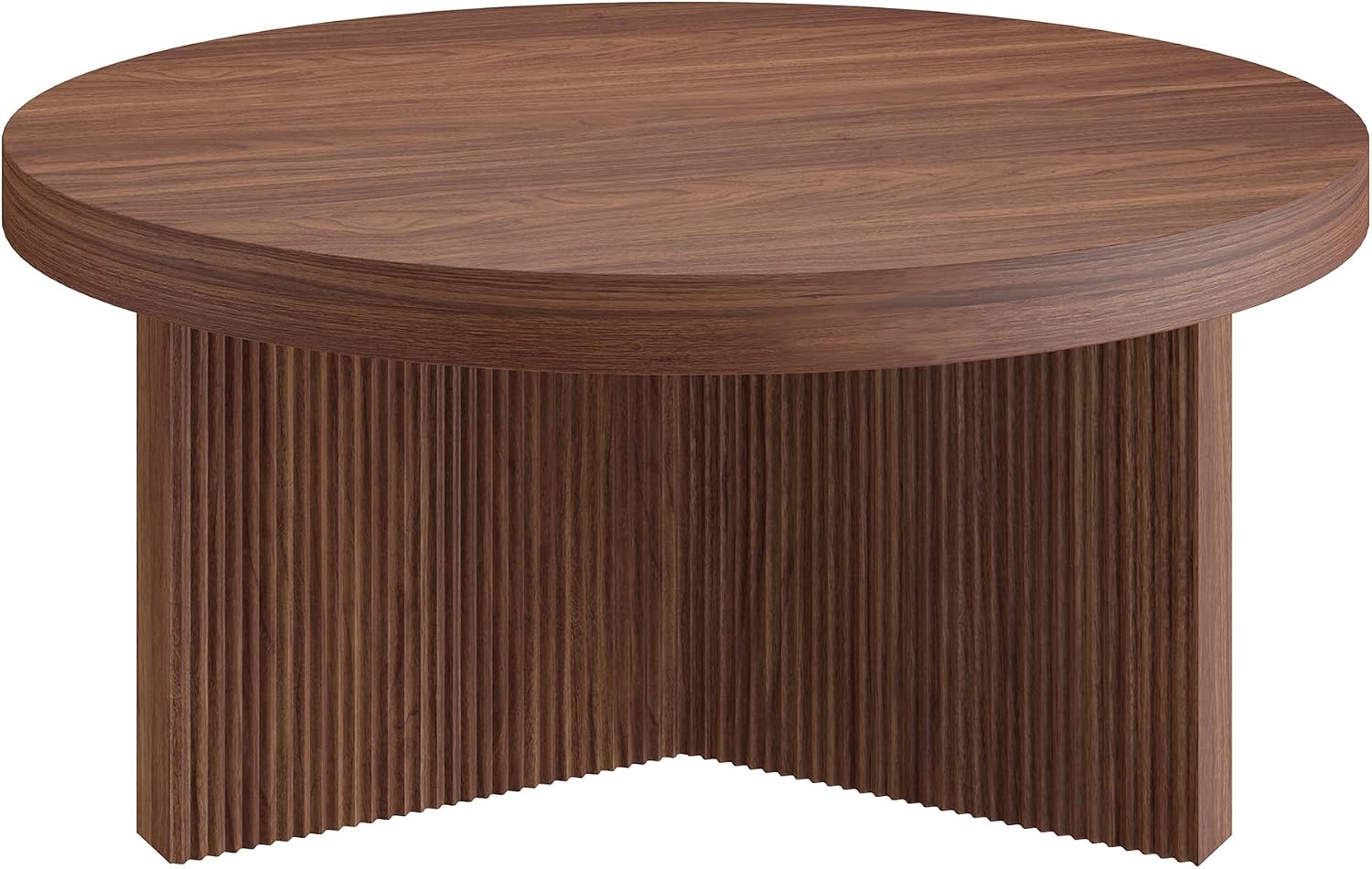 Henn&Hart 32' Fluted Round Low-Profile Coffee Table with Ribbed Pedestal Base Living Room, Family Room, Office, or Apartment, Medium Walnut