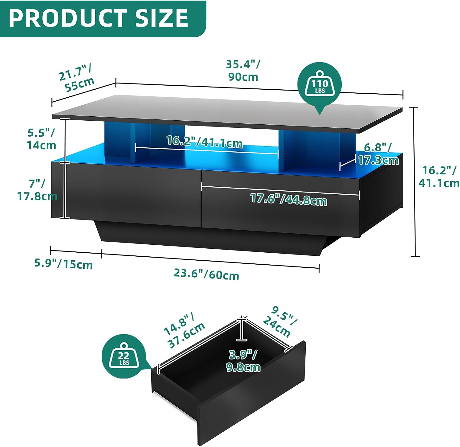 YITAHOME LED Coffee Table with Storage, High Glossy LED Coffee Tables for Living Room, Modern Black Rectangle Coffe Table, Small Center Table with Open Display Shelf & 4 Sliding Drawers, Glossy Black