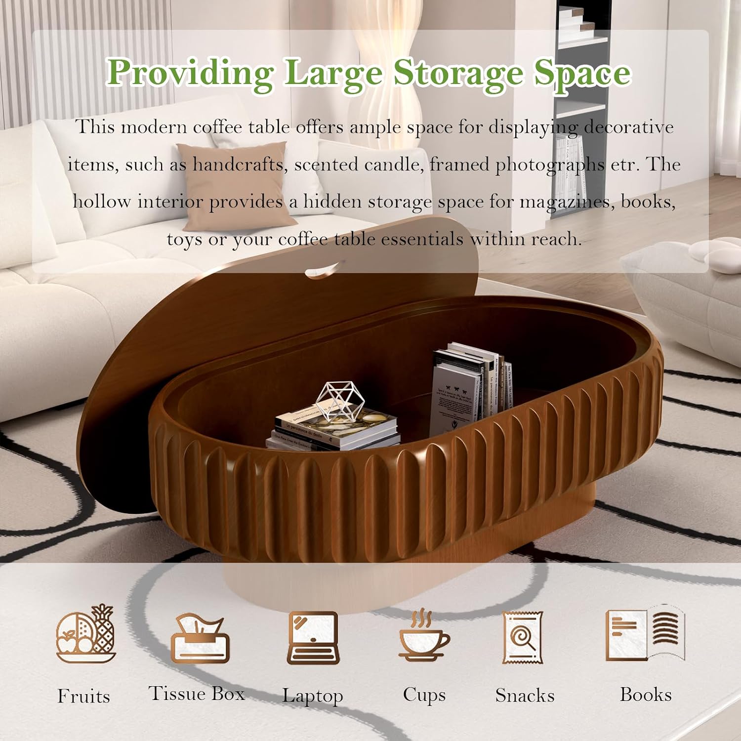 43.3' Oval Drum Coffee Table with Storage Rustic Chic Fluted Center Table - Handcraft Solid Wood Veneer Edge for Living Room Farmhouse (C 43.3in)