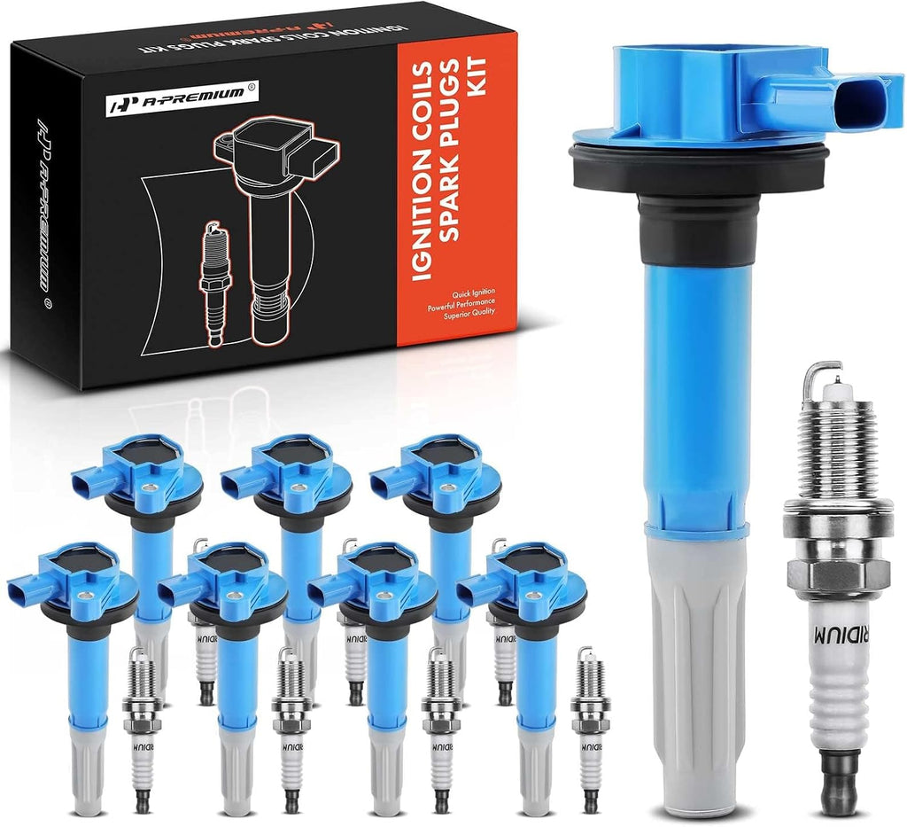 A-Premium Ignition Coils and Spark Plugs Kits Compatible with Ford F-150 2011-2016, Mustang 2011-2015, 5.0L Blue, Set of 8