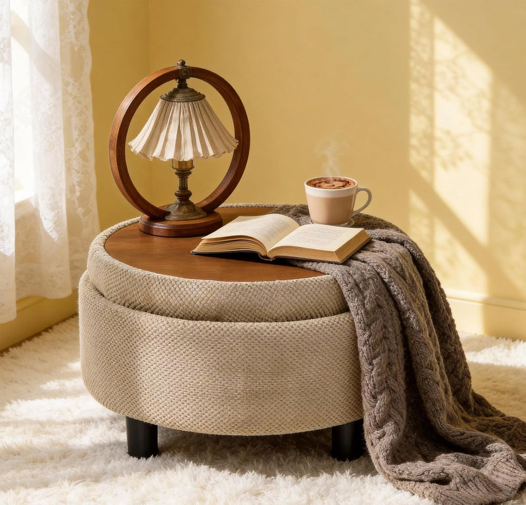 Round Storage Ottoman with Reversible Tray Lid, 25' Upholstered Button Tufted Coffee Table with Storage Foot Rest Stool for Living Room, Bedroom, Entryway, Camel