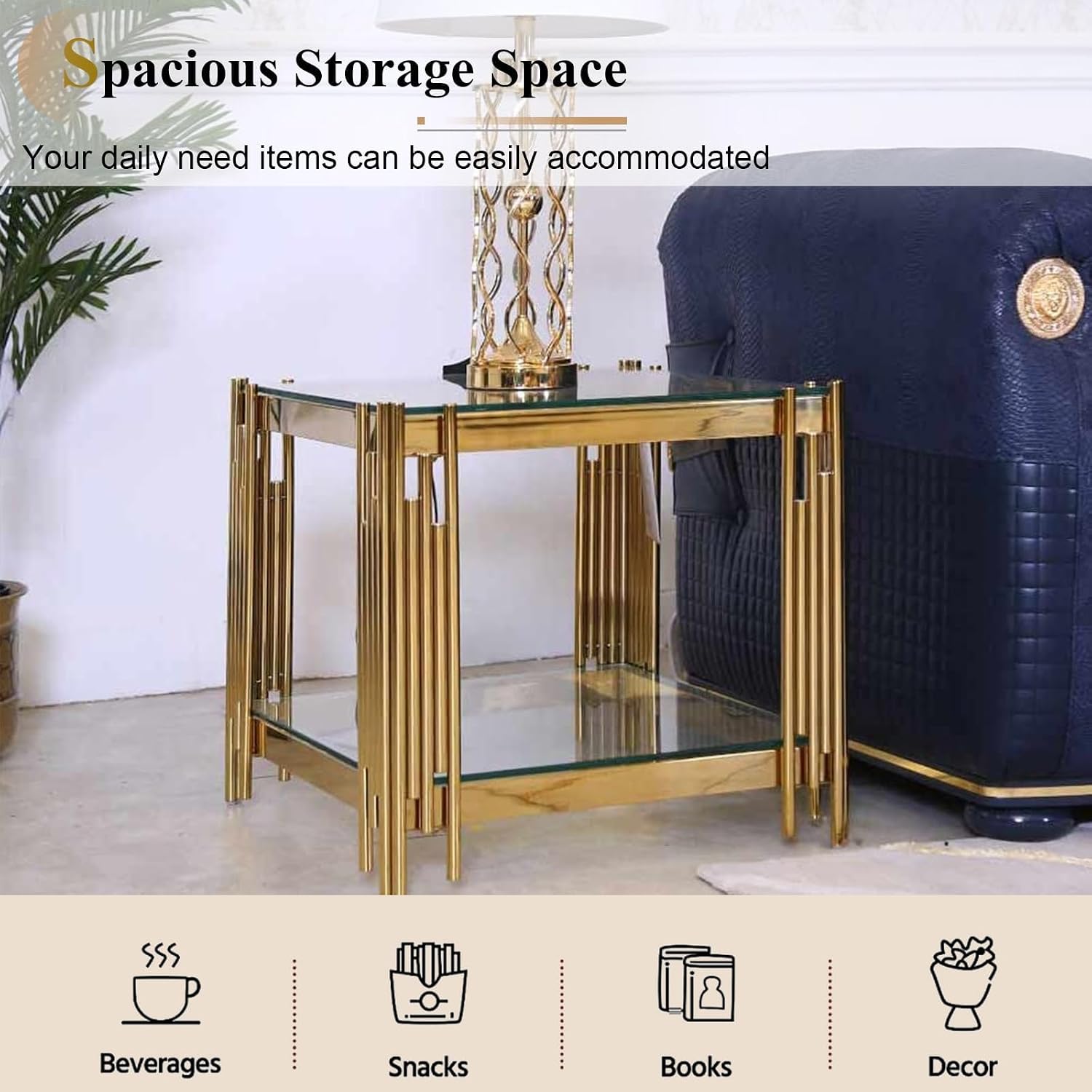 Modern Glass End Table, 20' Suqare Side Table with Gold Mirrored Stainless Steel Frame, 2-Tier Clear Glass End Table Nightstand Pedestal Stand Lamp Table for Living Room, Bedroom, Office