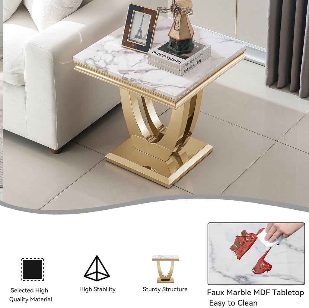 2 Pieces Living Room Table Set, Faux Marble Coffee Table Set of 2, Modern Coffee Table and End Table with U-Shaped Stainless Steel Base for Living Room (White Gold)