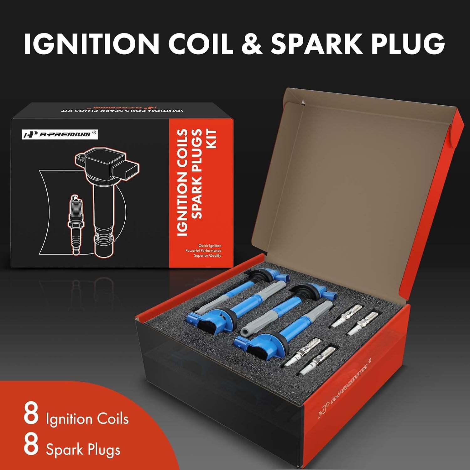 A-Premium Ignition Coils and Spark Plugs Kits Compatible with Ford F-150 2011-2016, Mustang 2011-2015, 5.0L Blue, Set of 8