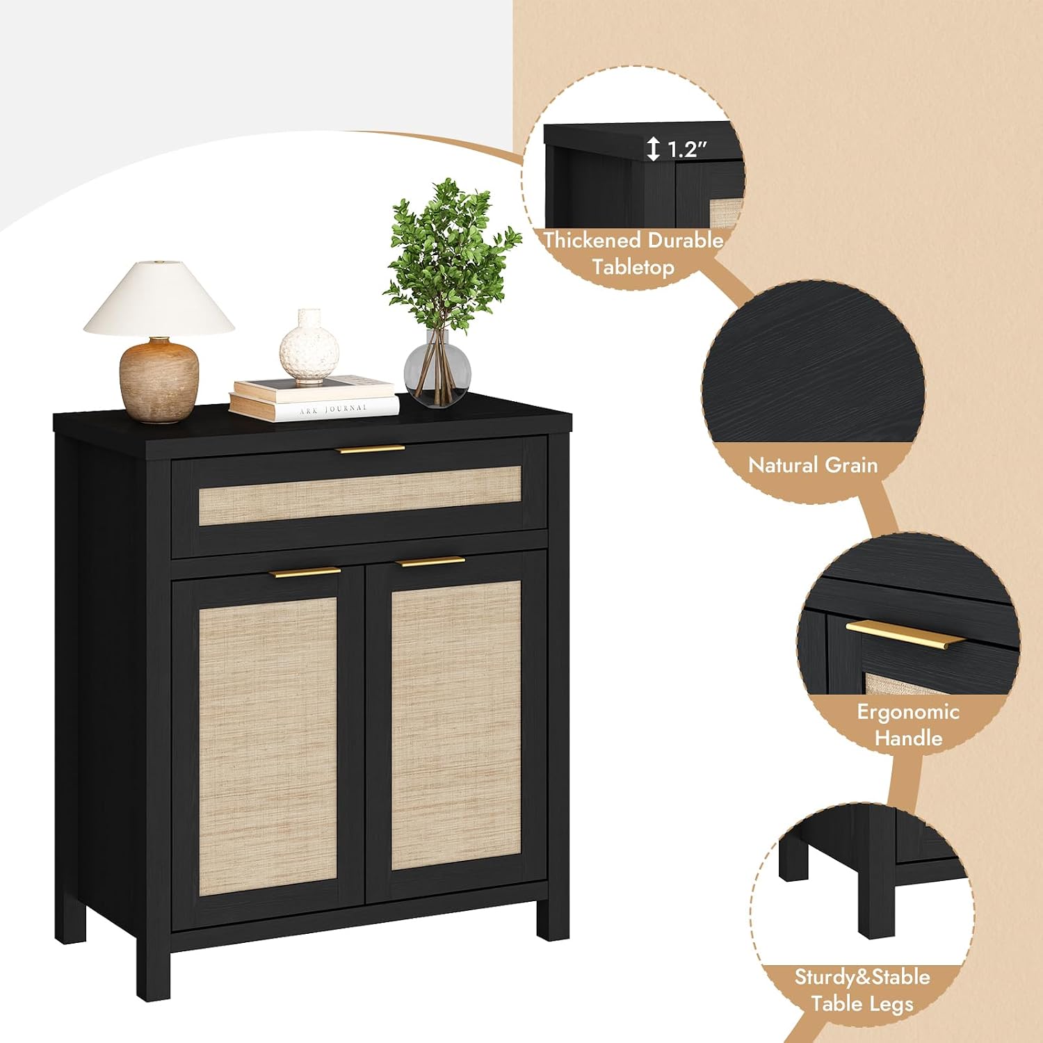 HOKYHOKY Rattan Sideboard Buffet Cabinet Set of 3, Boho Storage Cabinet with Adjustable Shelves, Farmhouse Credenza Coffee Bar Table with Doors & Drawer for Living Room, Hallway & Kitchen, Black