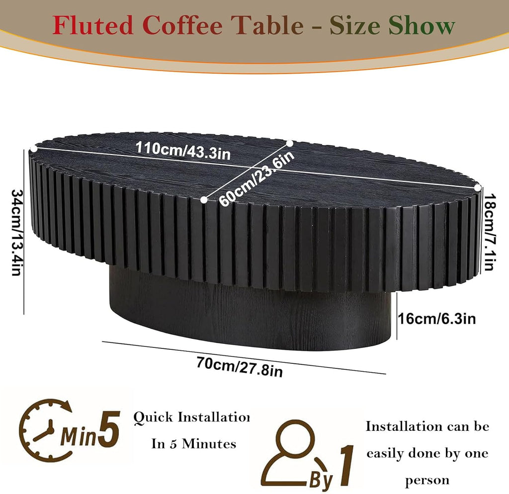 Handcraft Fluted Coffee Table 43.3' Oval Drum Center Tables with Sturdy Pedestal Easy to Assembly for Living Room Apartment Farmhouse (Oval Black 43.3in)