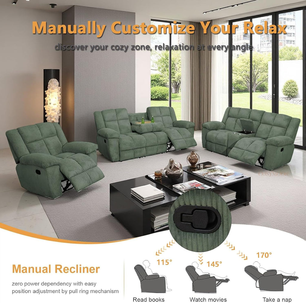 Corduroy Recliner Sofa Set with Cup Holder, 3 Pieces Living Room Furniture Sets, Green Manual Corduroy Sofa Set with Storage, Modern Reclining Couches for Living Room/Office