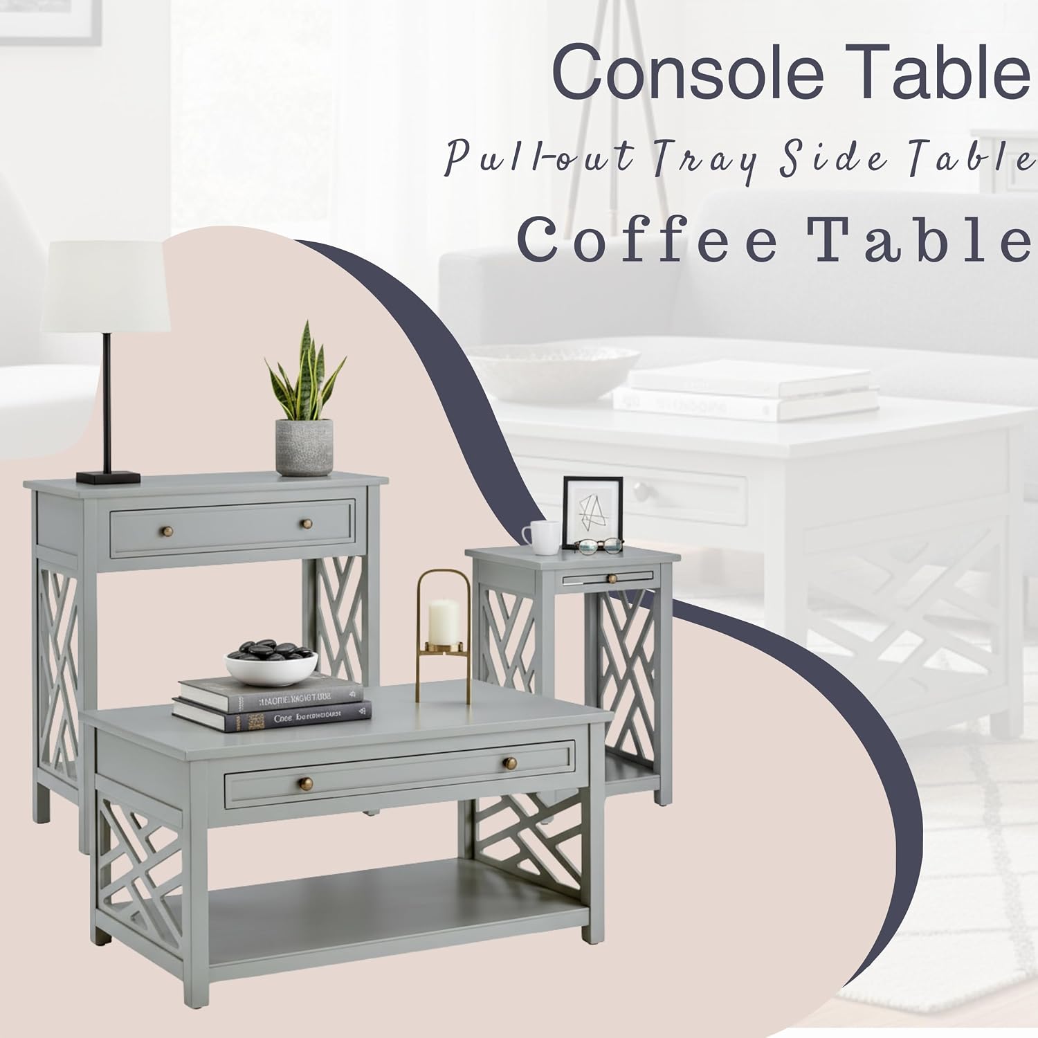 Alaterre Furniture Coventry 36' Coffee, End Tray and Console/TV Table, Set of 3, Grey