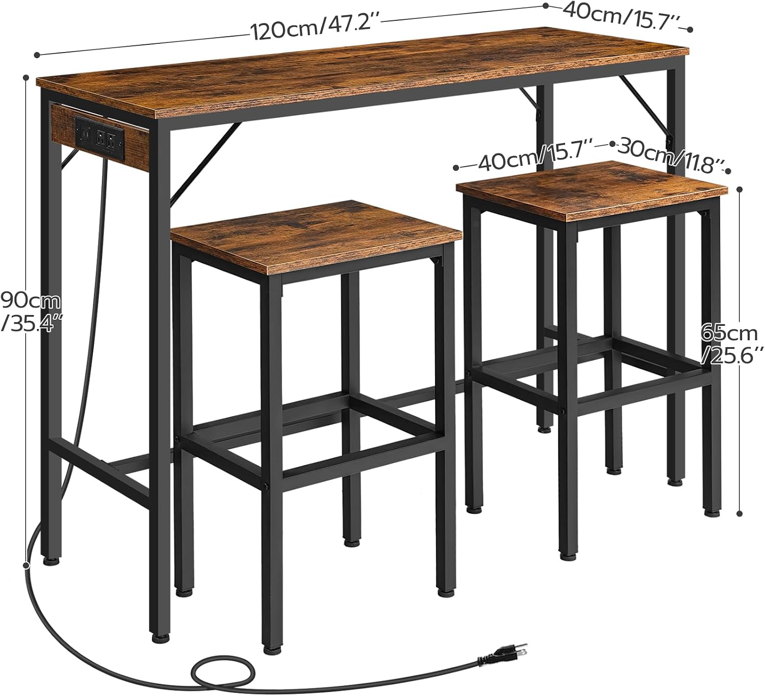 HOOBRO Bar Table and Chairs Set, 47.2' Dining Table Set with Power Outlet, 3-Piece Pub Table Set, Kitchen Bar Height Table with Stools of 2, Space Saving for Living Room, Rustic Brown BF46UBT01