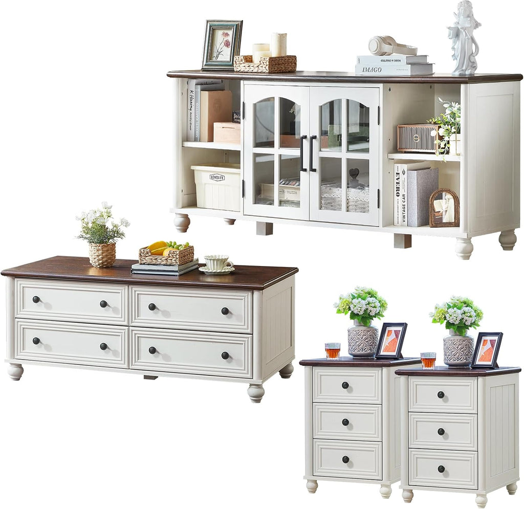 RWYHG Farmhouse Coffee Table & TV Stand Set of 4,Entertainment Center for 60 Inch TV,Wooden Coffee Tables with 4 Drawers, Nightstand with 3 Drawers and Charging Station for Living Room,Bedroom,White