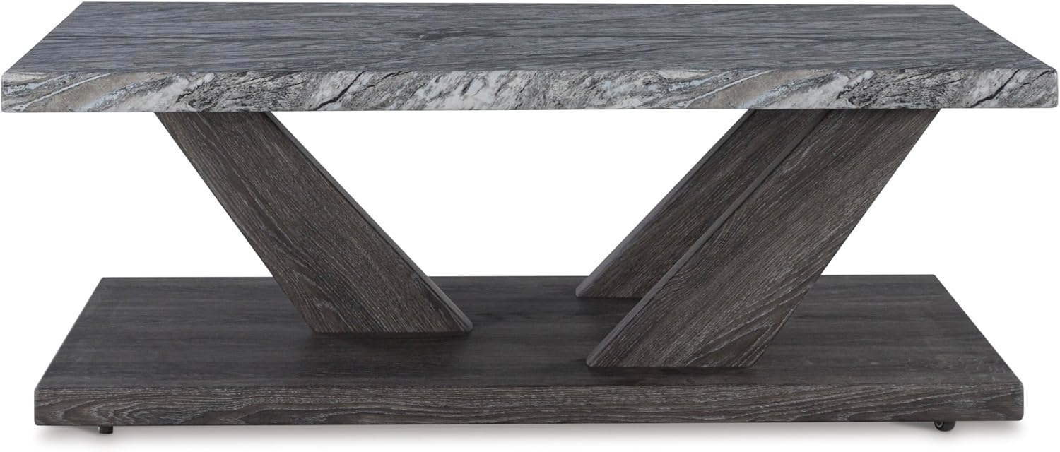 Signature Design by Ashley Bensonale Contemporary Occasional Table Set with Faux Marble Top and Casters, Set of 3, Gray & Dark Brown