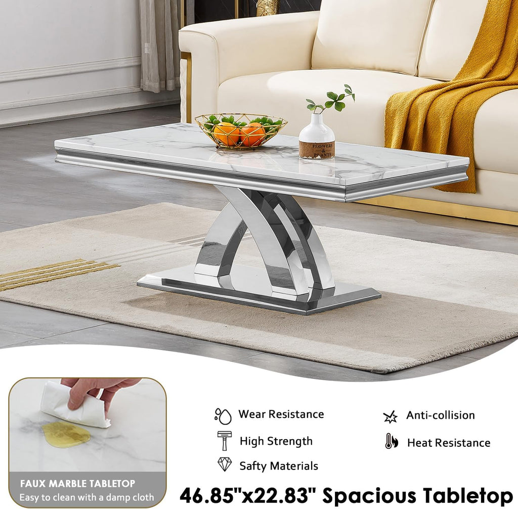 3 Pieces Coffee Table Set, Faux Marble Living Room Table Set of 3, Modern Coffee Table and 2 End Tables with X-Shaped Stainless Steel Base for Living Room (White Silver)