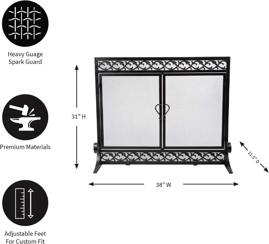 Plow & Hearth Metal Fireplace Screen Scrollwork Black | 38' W x 31' H | Dual Magnetic Hinged Doors | Spark Guard Cover | Stand Alone Wrought Iron Panel Fire Place Cover