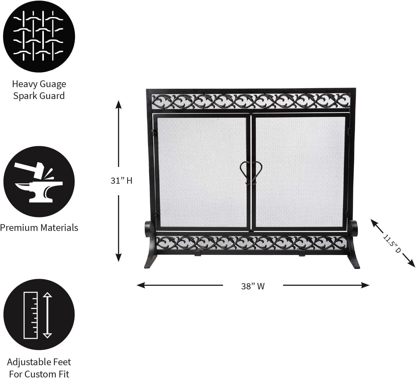 Plow & Hearth Metal Fireplace Screen Scrollwork Black | 38' W x 31' H | Dual Magnetic Hinged Doors | Spark Guard Cover | Stand Alone Wrought Iron Panel Fire Place Cover