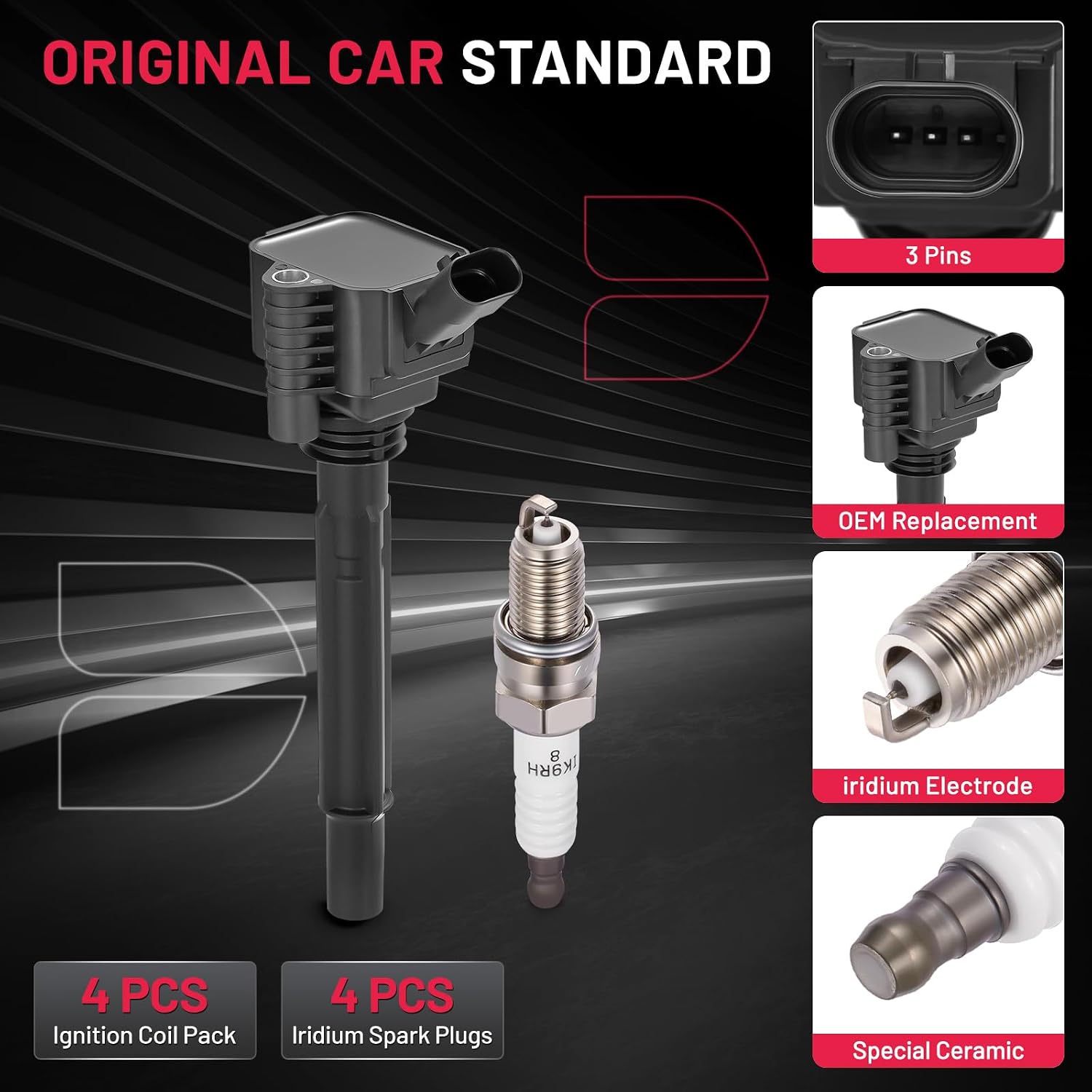 BDFHYK 4 Ignition Coil Pack UF673 and 4 Iridium Spark Plug 93618 Compatible with Fiat 2012-2017 500 1.4L l4,Compatible with Dodge 2013-2016 Dart 1.4L l4 Coil for C1828 68081914AA