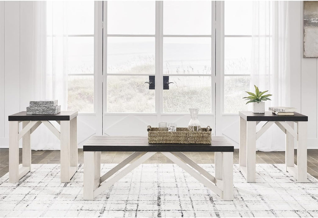 Signature Design by Ashley Dorrinson Farmhouse Table Set for Living Room, Set of 3, Dark Brown & White