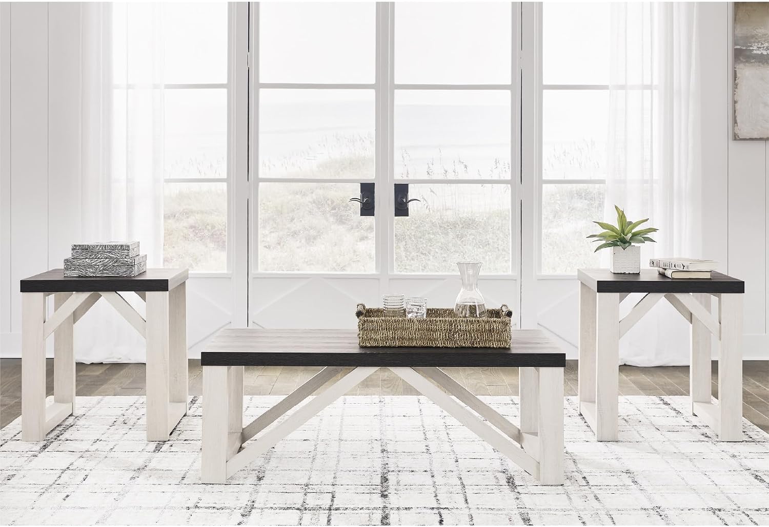 Signature Design by Ashley Dorrinson Farmhouse Table Set for Living Room, Set of 3, Dark Brown & White