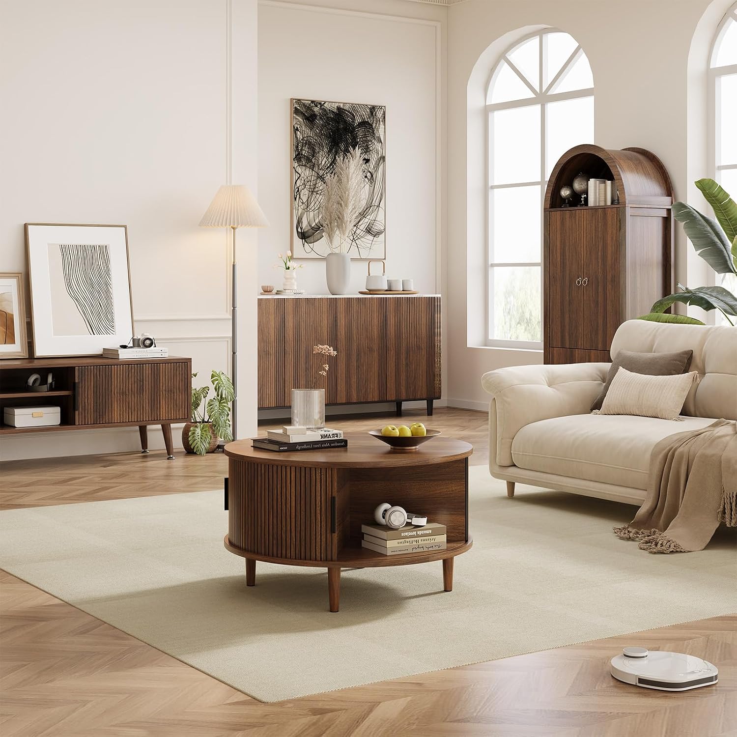 Round Coffee Table with Storage, Mid Century Modern Coffee Table, Fluted Dining Table with Sliding Door, Circle Coffee Table for Living Room Home Office, 31.5', Walnut