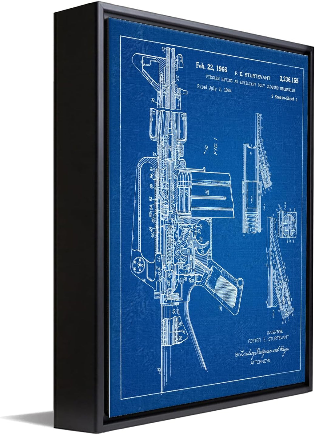 Personal-Prints Firearm Patent Art | Vintage Wall Art, Office, Bedroom Decor | 2nd Amendment & Choice of Unique Gun Art Gifts | USA Made (2 Piece Set, Blueprint, 12'x16' Float Framed Canvas)