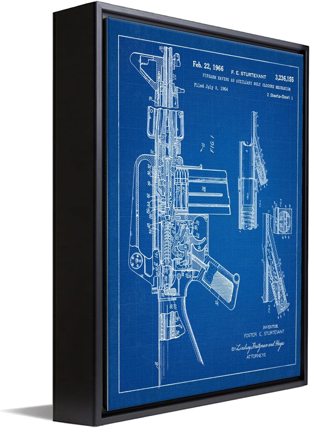 Personal-Prints Firearm Patent Art | Vintage Wall Art, Office, Bedroom Decor | 2nd Amendment & Choice of Unique Gun Art Gifts | USA Made (2 Piece Set, Blueprint, 12'x16' Float Framed Canvas)