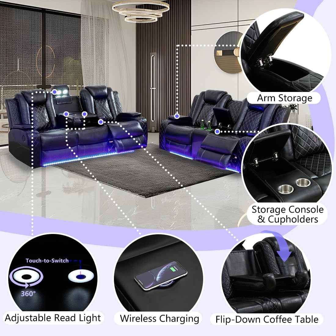 Black Power Recliner Sofa Couch with LED Light, 3-Seat Air Leather Reclining Couch, Luxury Recliner Furniture for Living Room with Coffee Table/Read Light/Home Theater Seat (3 Seater)