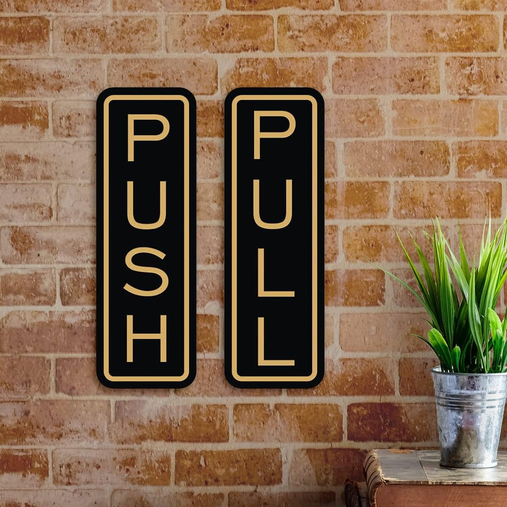 All Quality Classic Vertical Push Pull Door Signs - Great for Glass Doors | Professional Looking Signs | Easy Installation Includes Double-Sided Foam Adhesive Tape (Black/Gold) - Large (10 Pack)