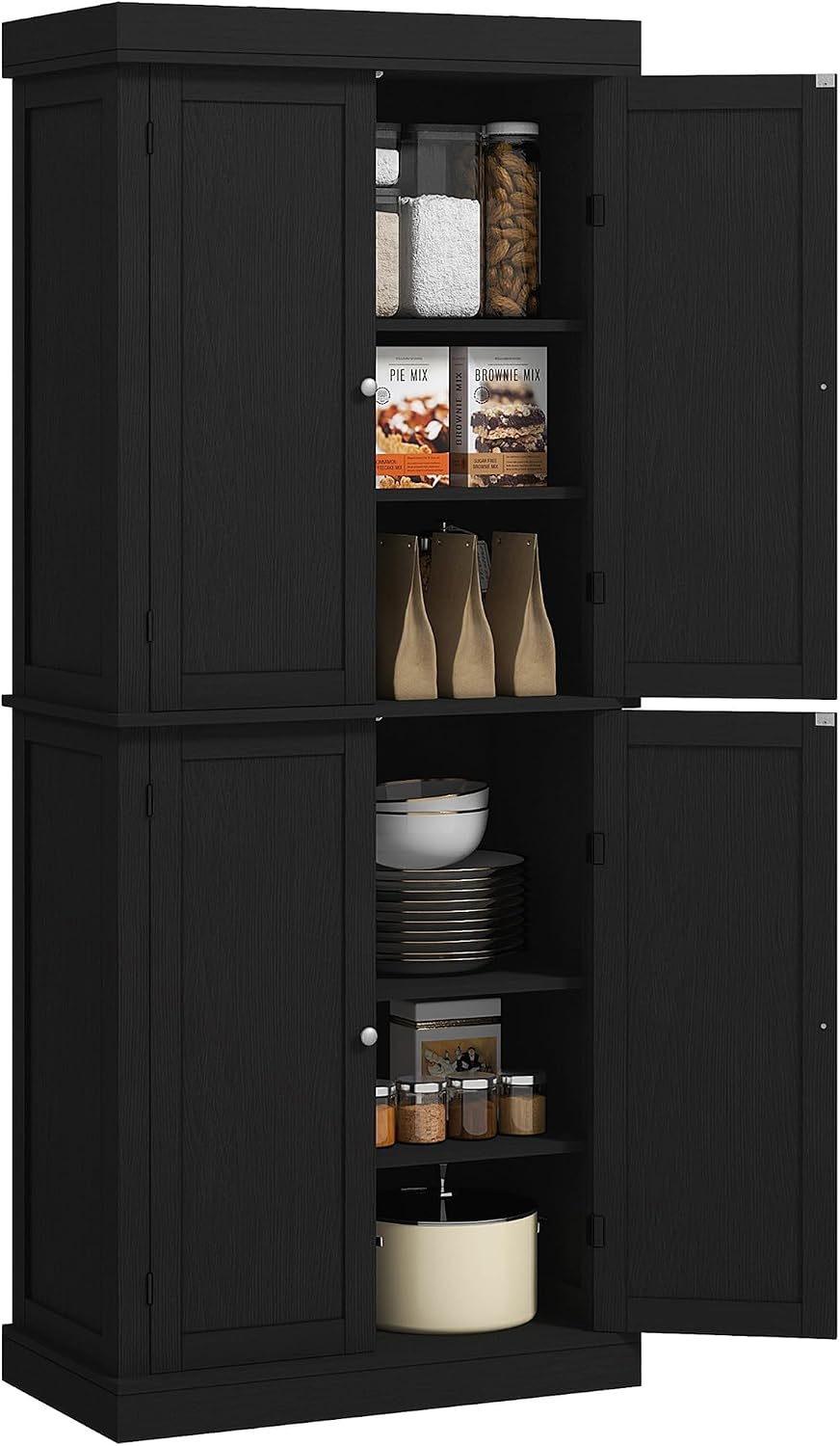 HOMCOM 72.5' Tall Kitchen Pantry Cabinet, Freestanding Modern Farmhouse Kitchen Storage Cabinet with 4 Doors and 2 Adjustable Shelves for Dining Room, Black Wood Grain