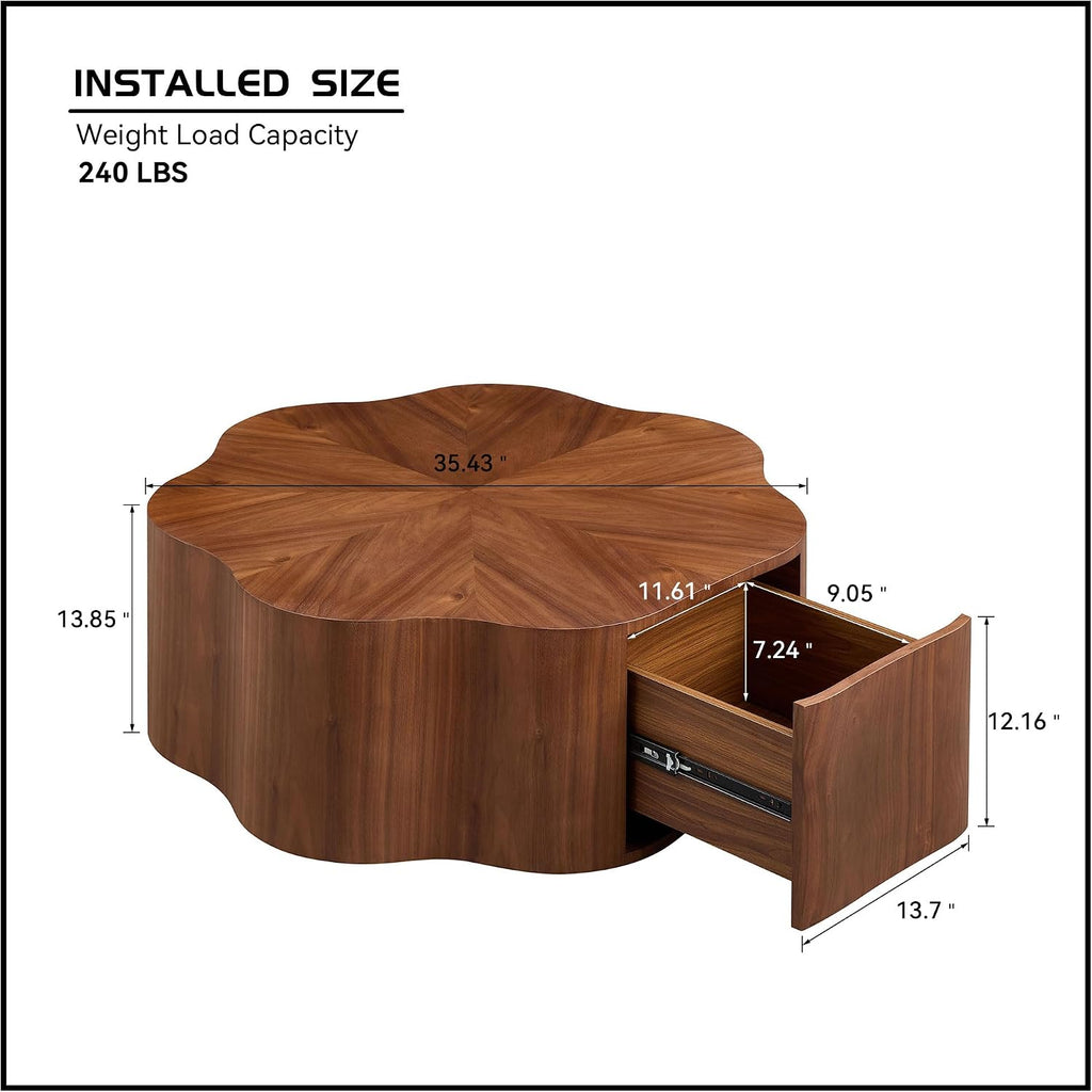 35.43'' Round Coffee Table with Drawer Storage Space for Living Room, Modern Drum Handcraft Wood Petal-Shaped Coffee Table, No Assembly, Walnut