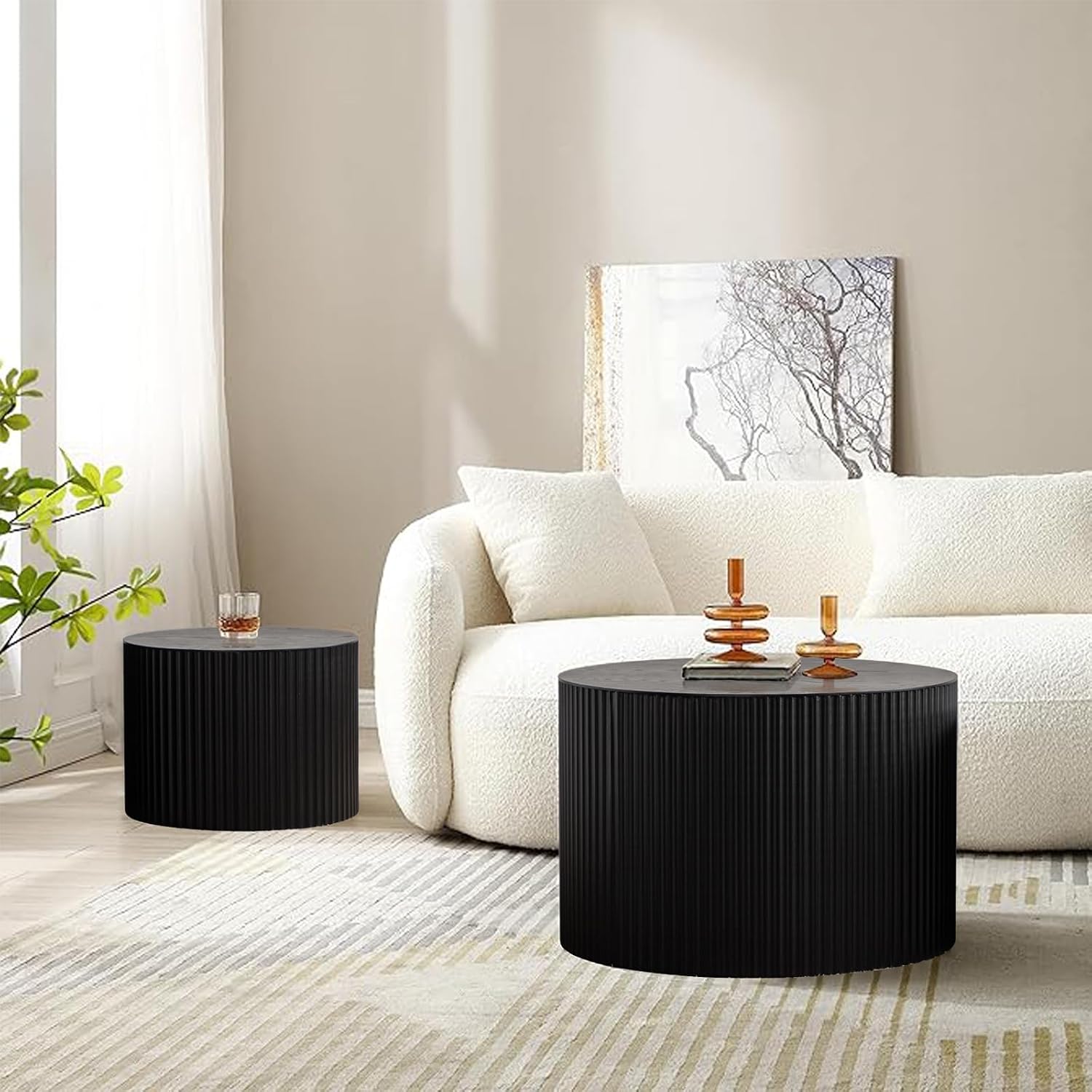 Nesting Coffee Table Set of 2 Wood Circle Drum Coffee Tables Set Contemporary Fluted Coffee Table Round Wooden Coffee Tables for Living Room & Small Space (Black, 27.5 +19.6in)