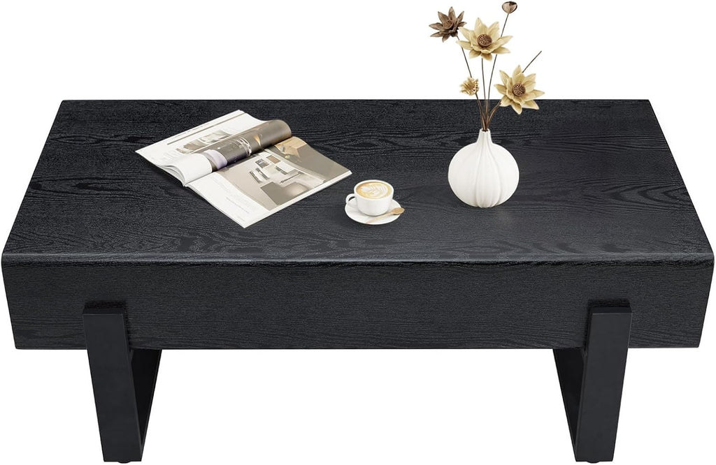 47.24' Rectangle Coffee Table, Wood Coffee Table Center Table with 7.8' Thick Tabletop Metal Legs Rounded Corners for Living Room Office, Black