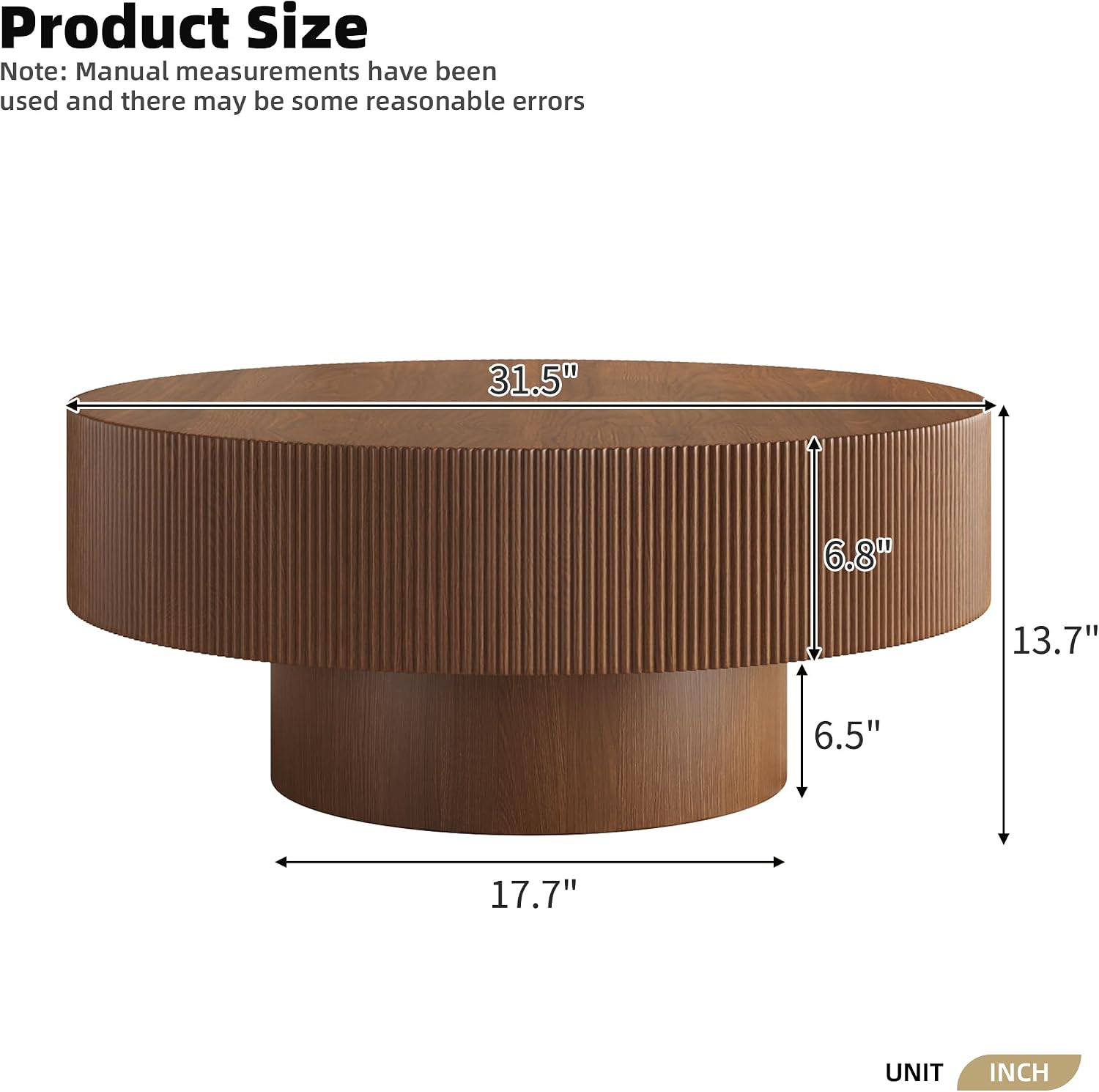 31.5' Round Coffee Table Mid Century Walnut Wood Fluted Coffee Tables for Living Room Circle Drum Center Table Accent Cocktail Tea Living Room Tables for Apartment Home Office